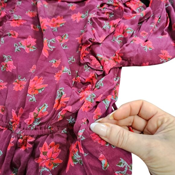 Floral Wrap Ruffle Blouse V-Neck Long Sleeve Sheer Tie Waist Women's Top Size S - Picture 7 of 14